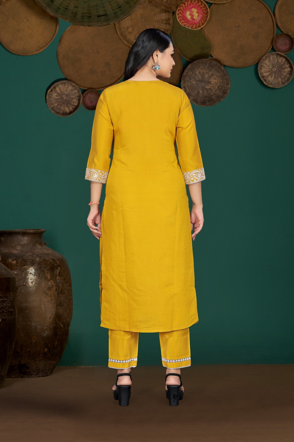 Mustard Yellow Silk Blend Kurta Set with White Thread Embroidery & Solid Dupatta