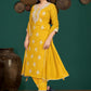 Mustard Yellow Silk Blend Kurta Set with White Thread Embroidery & Solid Dupatta
