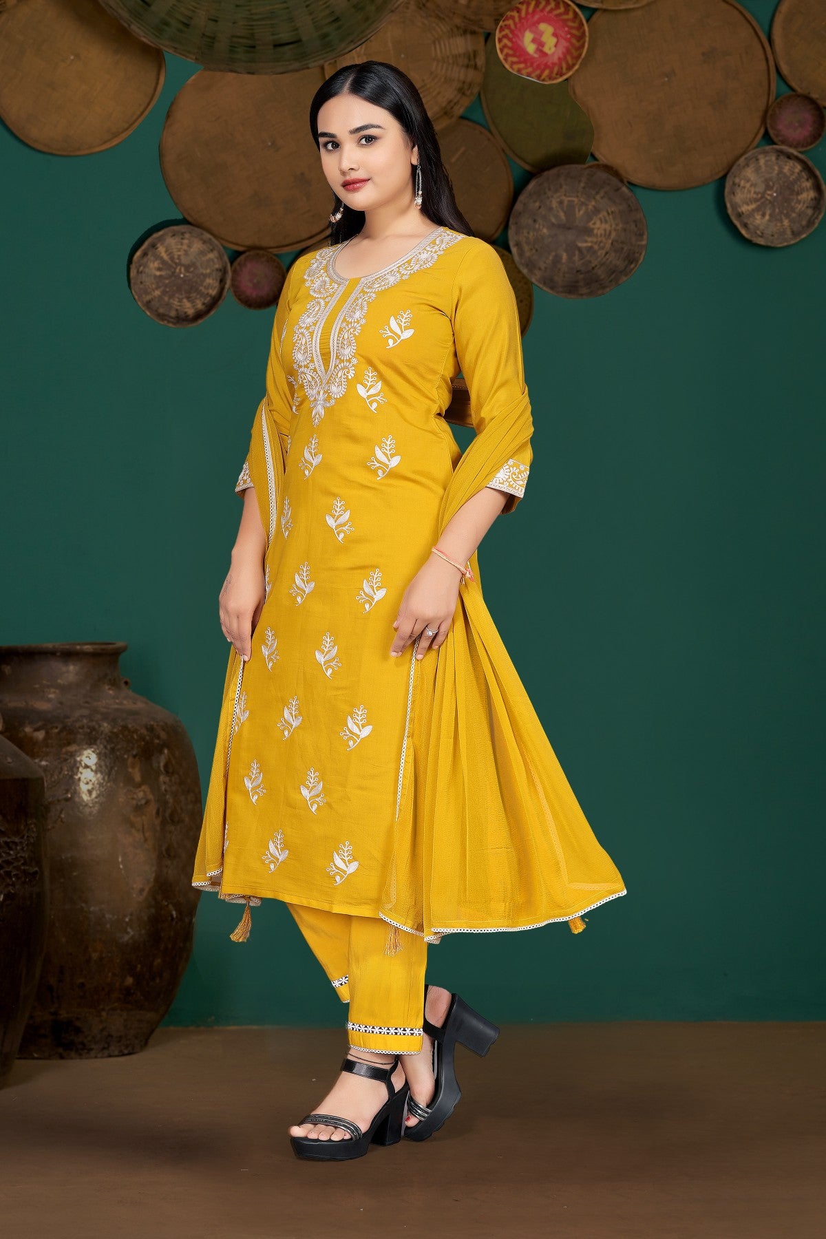Mustard Yellow Silk Blend Kurta Set with White Thread Embroidery & Solid Dupatta