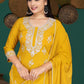 Mustard Yellow Silk Blend Kurta Set with White Thread Embroidery & Solid Dupatta