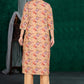 Beige Floral Printed Silk Blend Kurta Set with Solid Dupatta & Round Neck