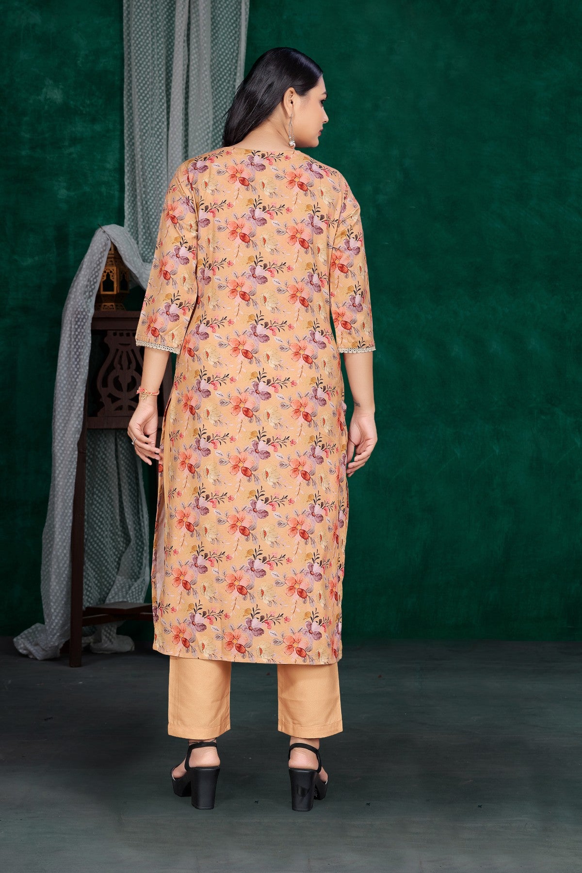 Beige Floral Printed Silk Blend Kurta Set with Solid Dupatta & Round Neck