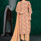 Beige Floral Printed Silk Blend Kurta Set with Solid Dupatta & Round Neck