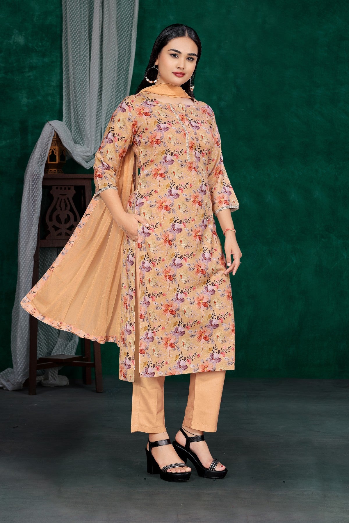 Beige Floral Printed Silk Blend Kurta Set with Solid Dupatta & Round Neck
