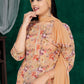 Beige Floral Printed Silk Blend Kurta Set with Solid Dupatta & Round Neck