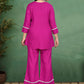 Pink Thread Work Rayon Co-Ord Set with V-Neck Top and Flared Trousers