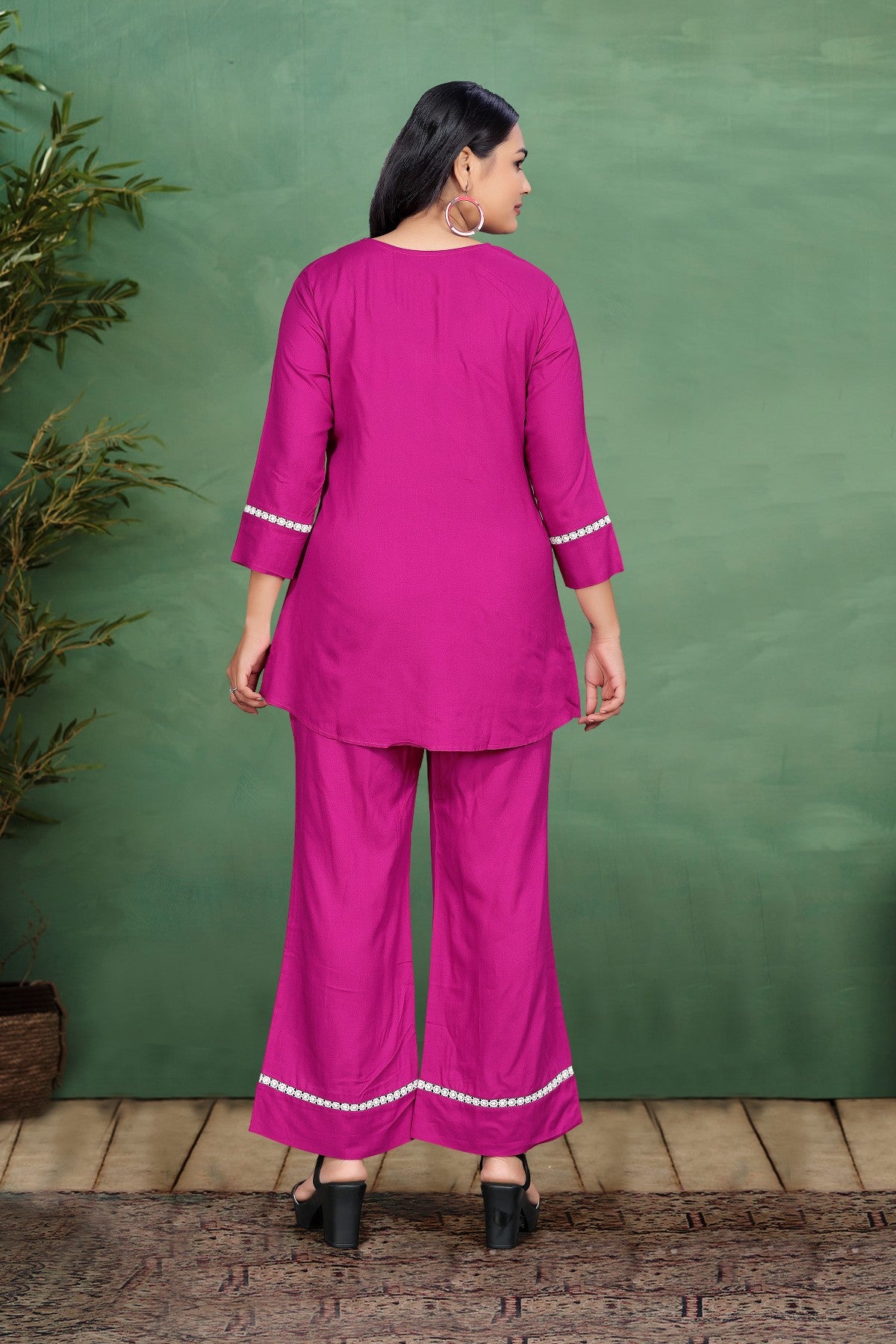 Pink Thread Work Rayon Co-Ord Set with V-Neck Top and Flared Trousers