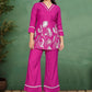 Pink Thread Work Rayon Co-Ord Set with V-Neck Top and Flared Trousers