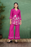 Pink Thread Work Rayon Co-Ord Set with V-Neck Top and Flared Trousers