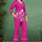 Pink Thread Work Rayon Co-Ord Set with V-Neck Top and Flared Trousers