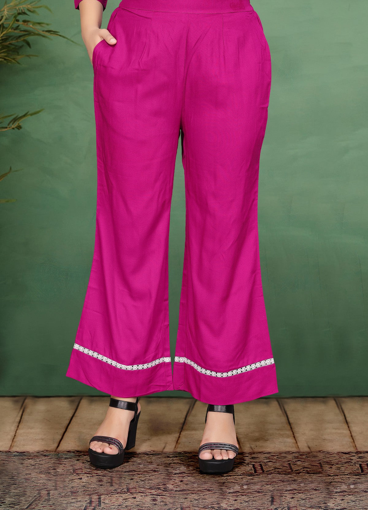 Pink Thread Work Rayon Co-Ord Set with V-Neck Top and Flared Trousers