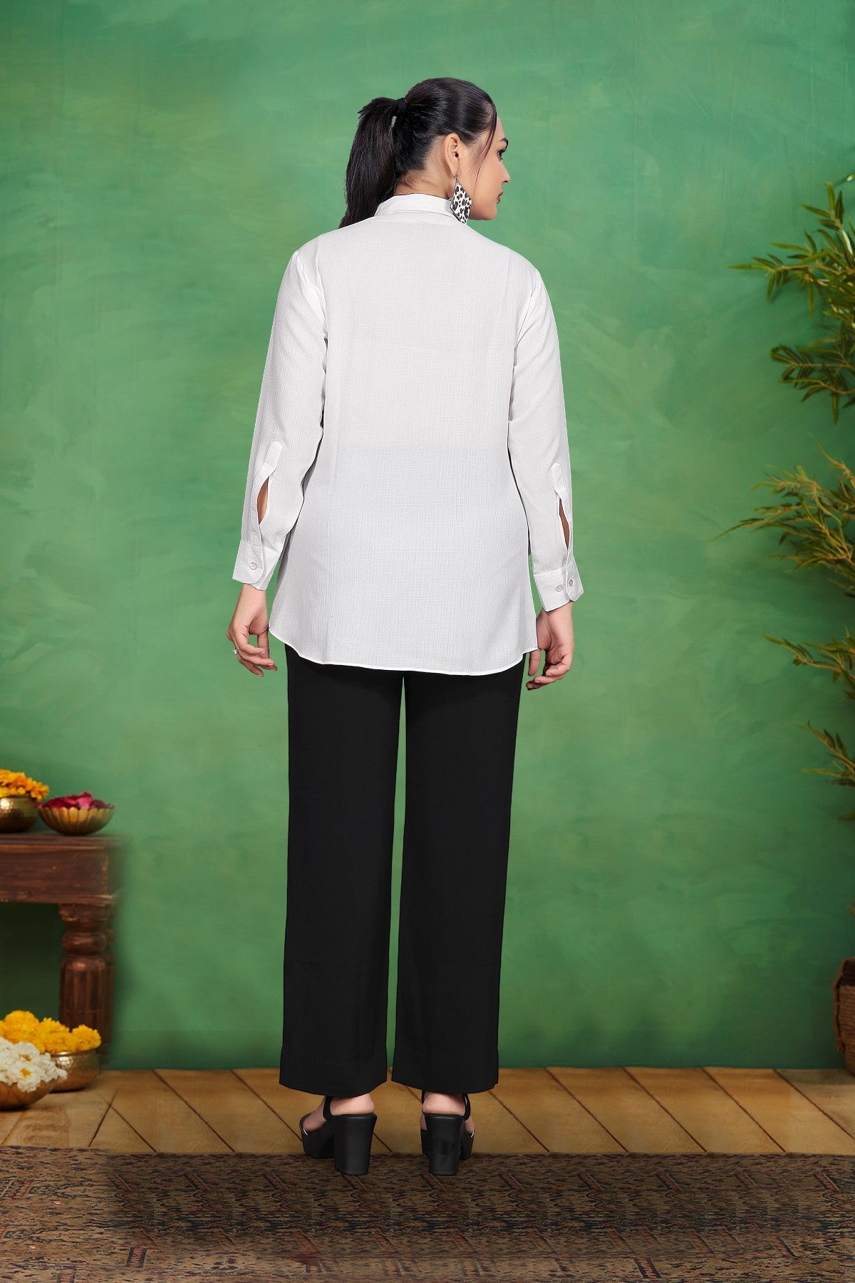 White Solid Shirt & Black Trouser Co-Ord Set in Pure Silk