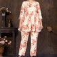 Cream Floral Printed Silk Blend Co-Ord Set with V-Neck Top & Trousers