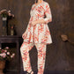 Cream Floral Printed Silk Blend Co-Ord Set with V-Neck Top & Trousers
