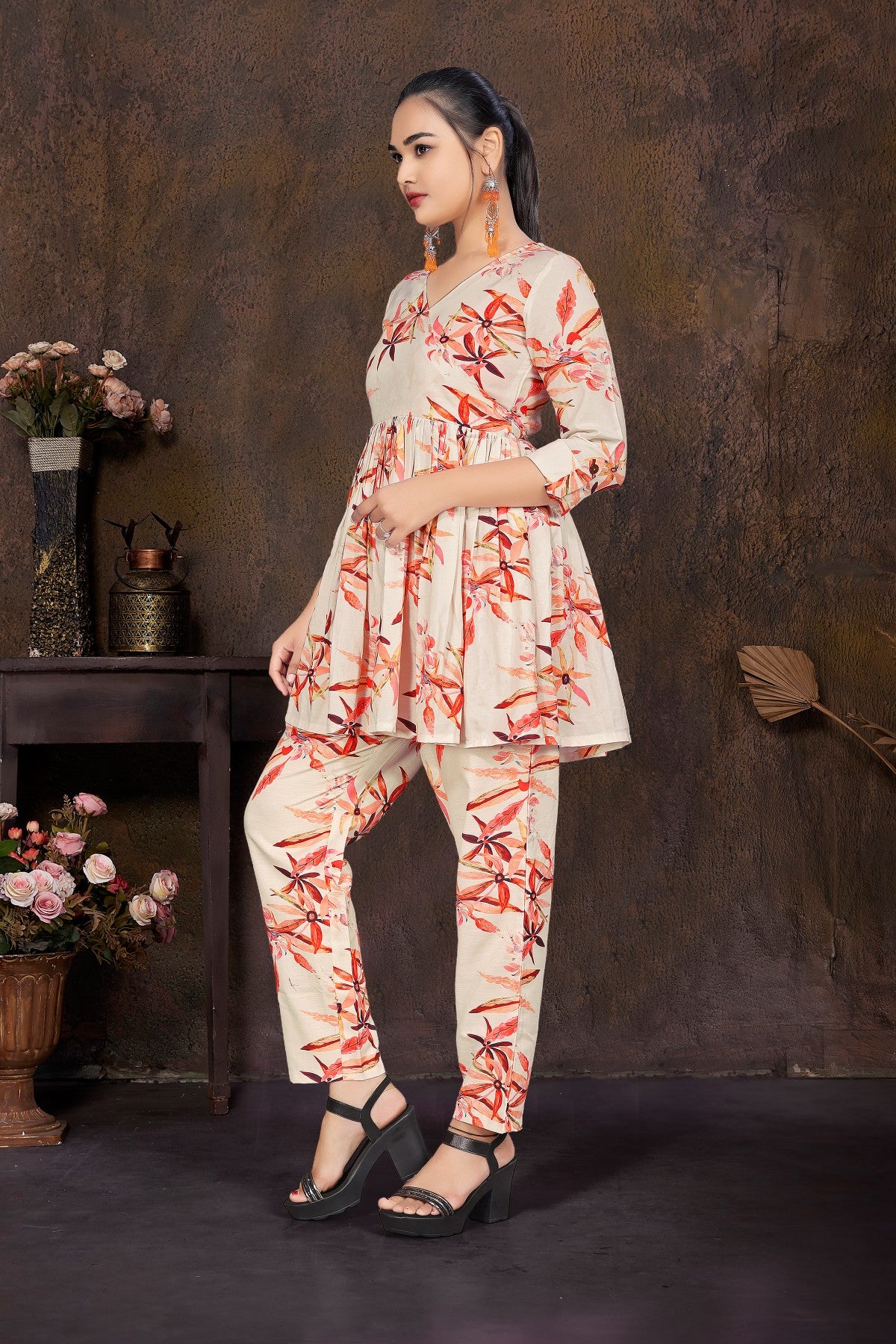 Cream Floral Printed Silk Blend Co-Ord Set with V-Neck Top & Trousers