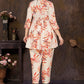 Cream Floral Printed Silk Blend Co-Ord Set with V-Neck Top & Trousers