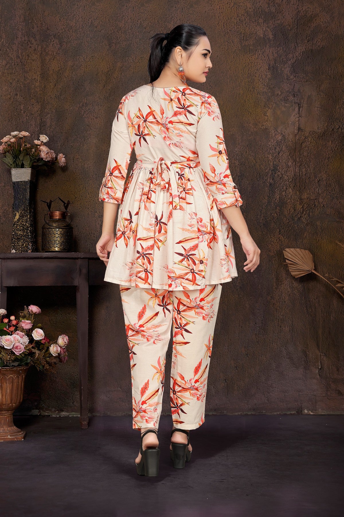 Cream Floral Printed Silk Blend Co-Ord Set with V-Neck Top & Trousers