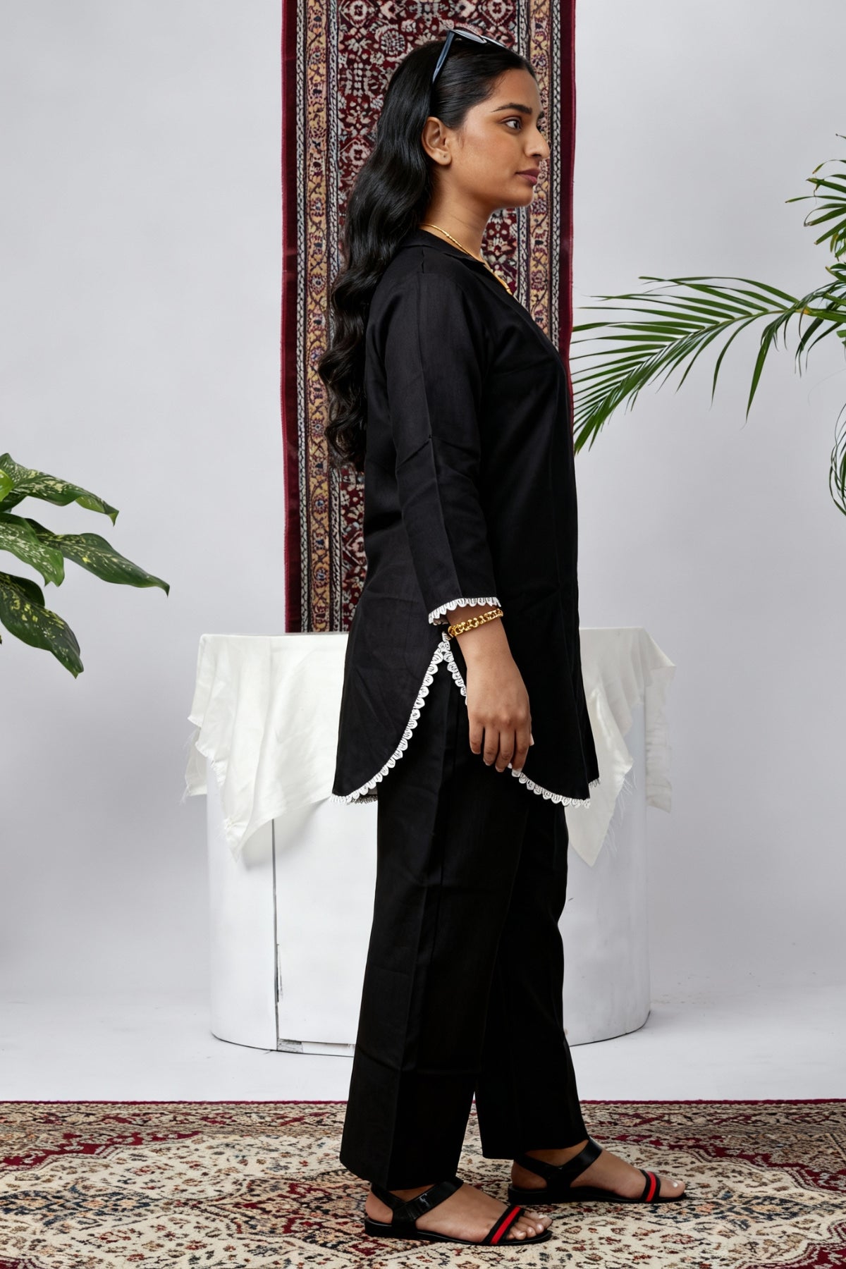 Black Viscose Rayon Self Design Co-Ord Set with Lace Detailing