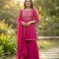 Rani Pink Pure Silk Kurta Set with Embroidered Floral Yoke & Chiffon Dupatta
