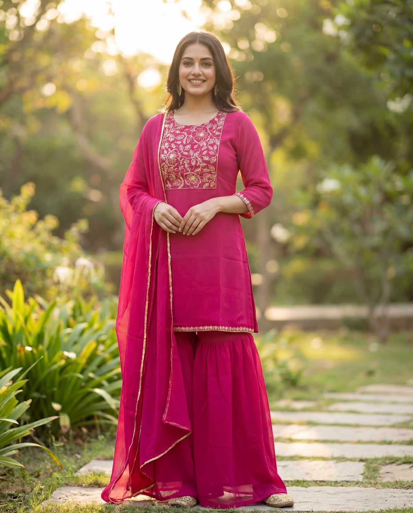 Rani Pink Pure Silk Kurta Set with Embroidered Floral Yoke & Chiffon Dupatta