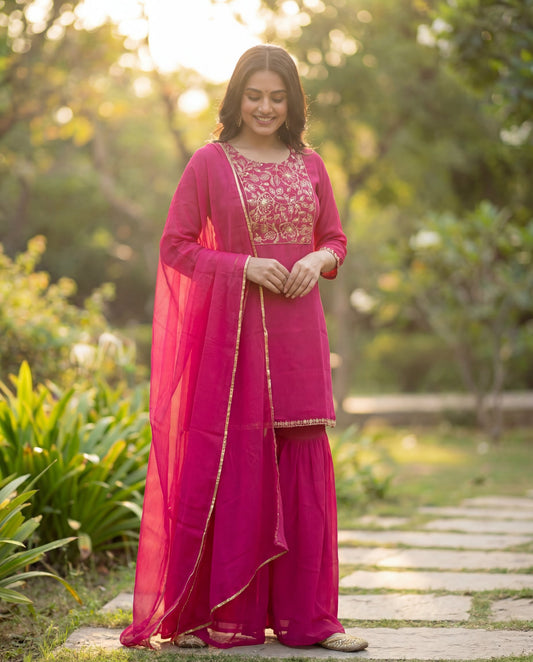 Rani Pink Pure Silk Kurta Set with Embroidered Floral Yoke & Chiffon Dupatta