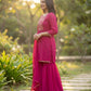 Rani Pink Pure Silk Kurta Set with Embroidered Floral Yoke & Chiffon Dupatta