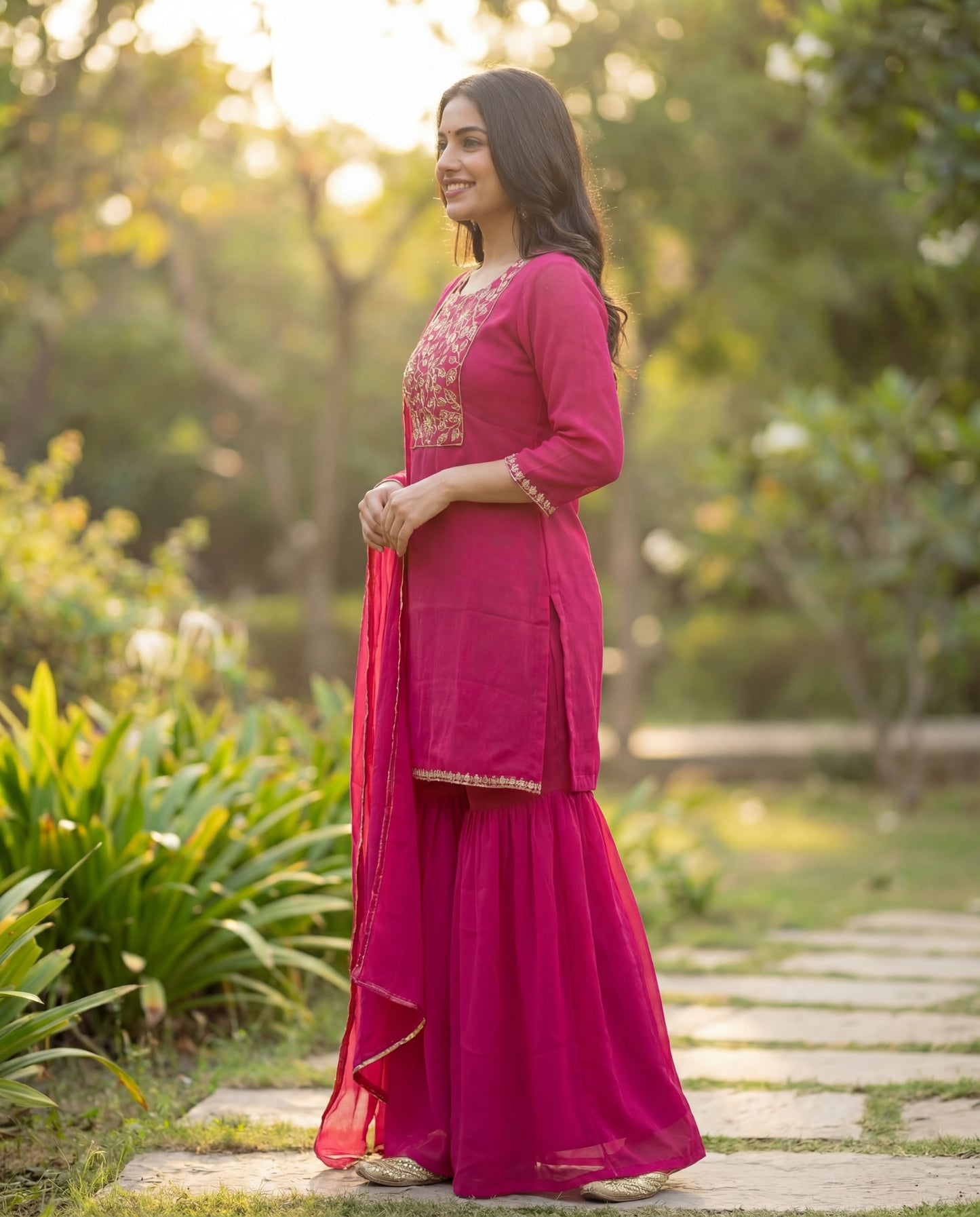 Rani Pink Pure Silk Kurta Set with Embroidered Floral Yoke & Chiffon Dupatta