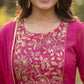 Rani Pink Pure Silk Kurta Set with Embroidered Floral Yoke & Chiffon Dupatta