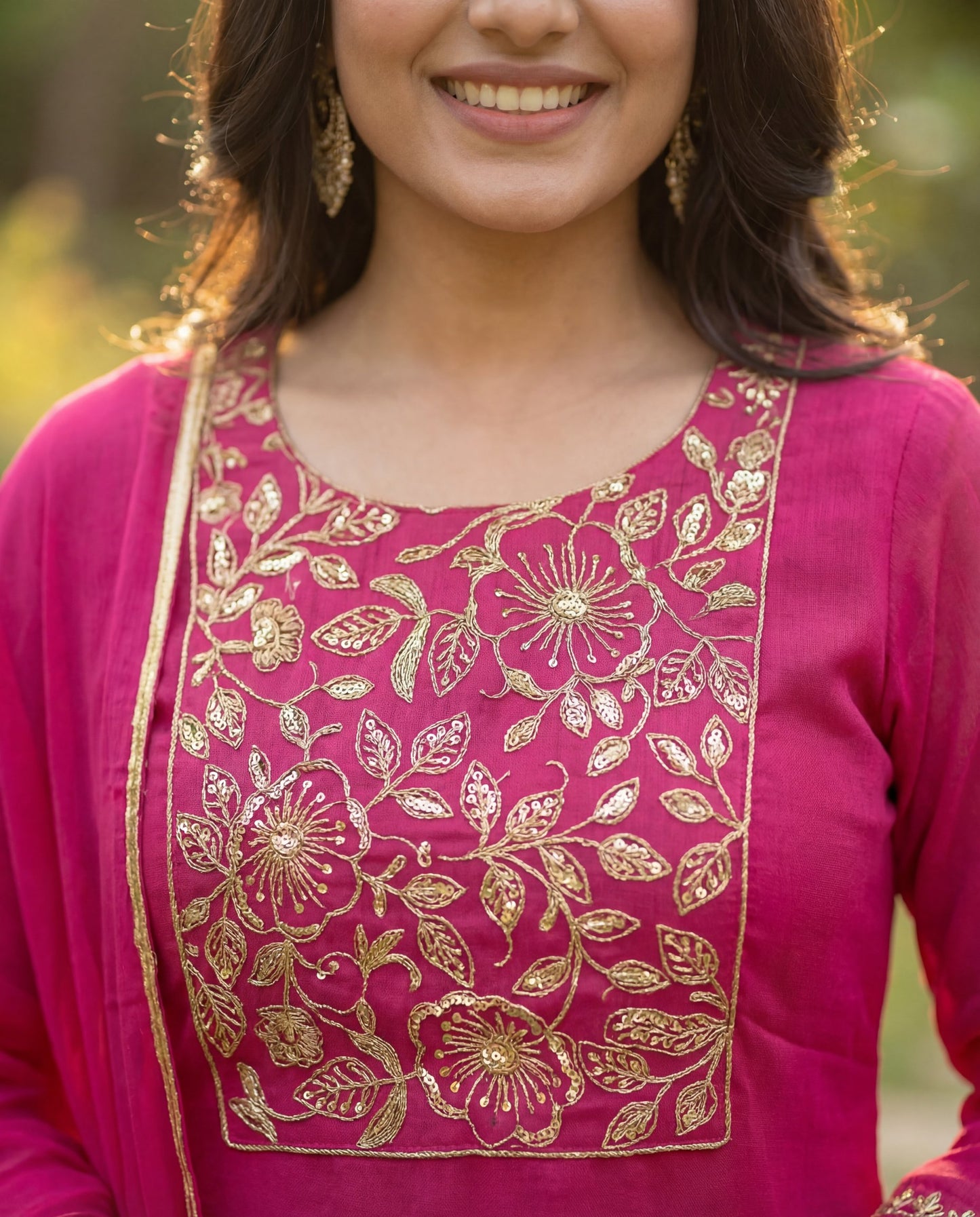 Rani Pink Pure Silk Kurta Set with Embroidered Floral Yoke & Chiffon Dupatta