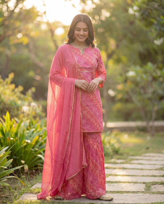 Pink Viscose Rayon Kurta Set with Self-Design Print & Sharara with Chiffon Dupatta