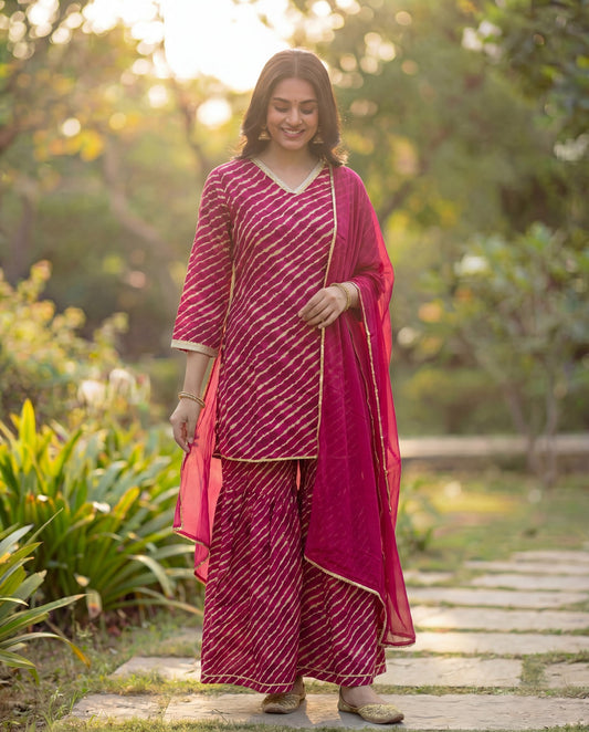 Maroon Viscose Rayon Kurta Sharara Set with Leheriya Print & Chiffon Dupatta