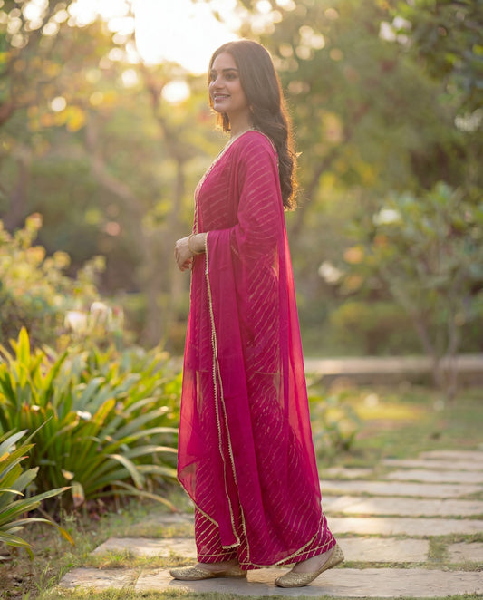 Maroon Viscose Rayon Kurta Sharara Set with Leheriya Print & Chiffon Dupatta