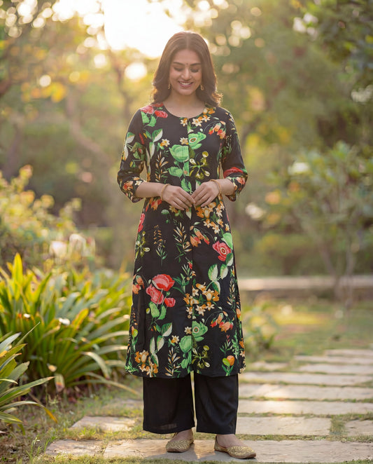 Black Viscose Rayon Kurta Set with Multicolor Floral Print & Straight Fit