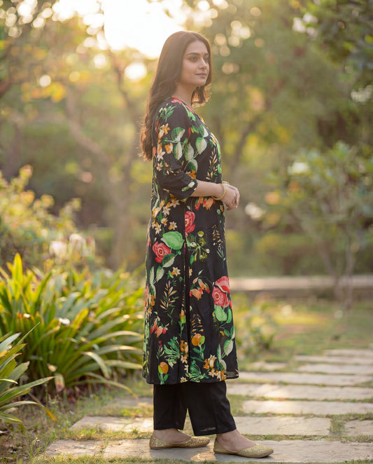 Black Viscose Rayon Kurta Set with Multicolor Floral Print & Straight Fit