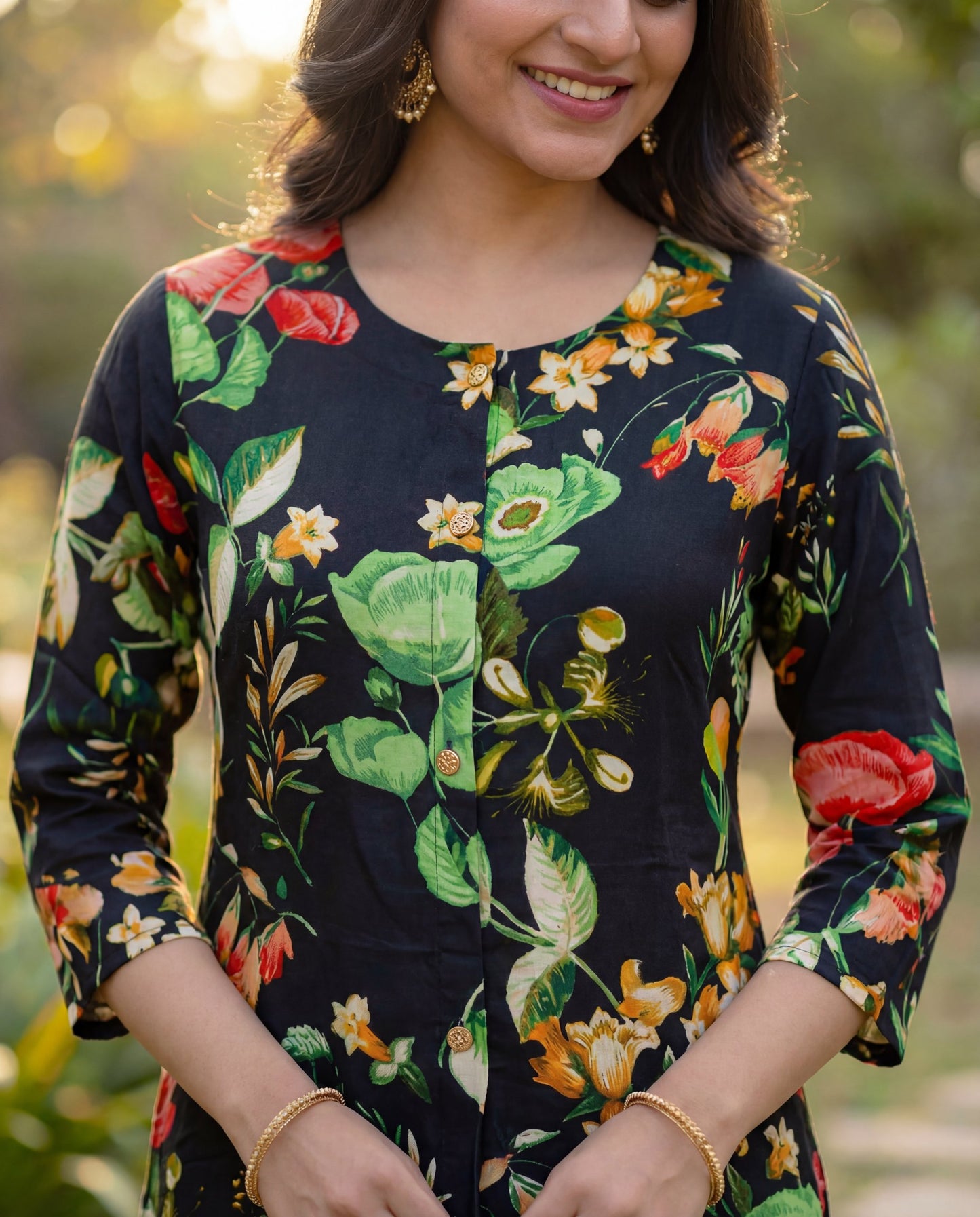 Black Viscose Rayon Kurta Set with Multicolor Floral Print & Straight Fit