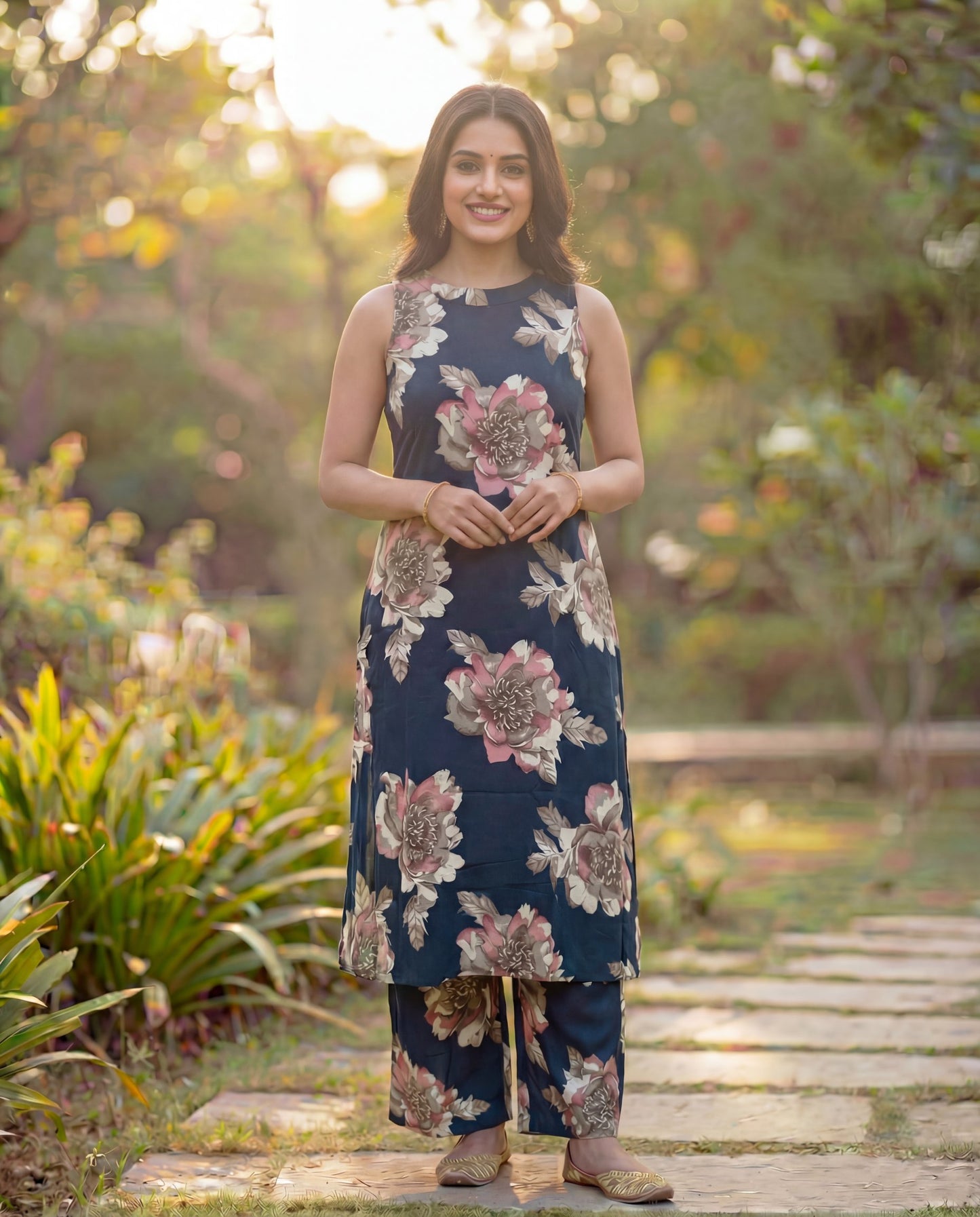Stylish Navy Blue Viscose Rayon Sleeveless Kurta Set with Floral Print