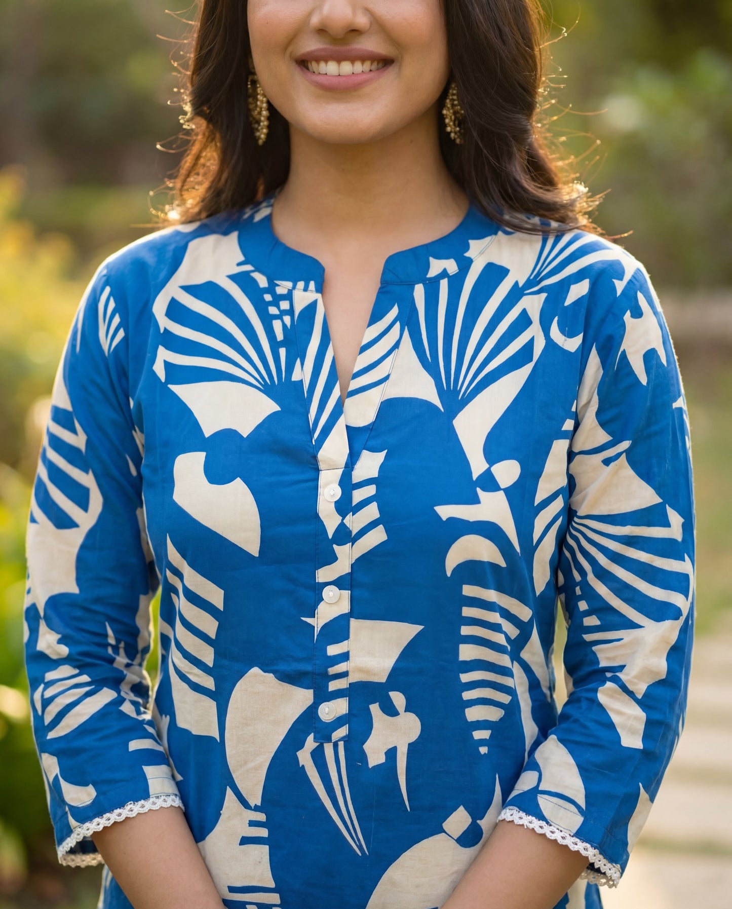 Indigo Blue Pure Cotton Co-Ord Set with Abstract Leaf Print