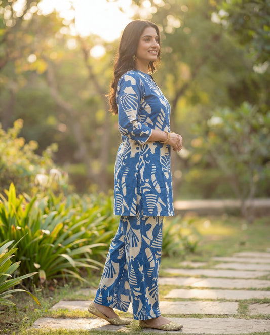 Indigo Blue Pure Cotton Co-Ord Set with Abstract Leaf Print