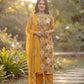 Mustard Viscose Rayon Kurta Set with Floral Print & Embroidered Neck Panel