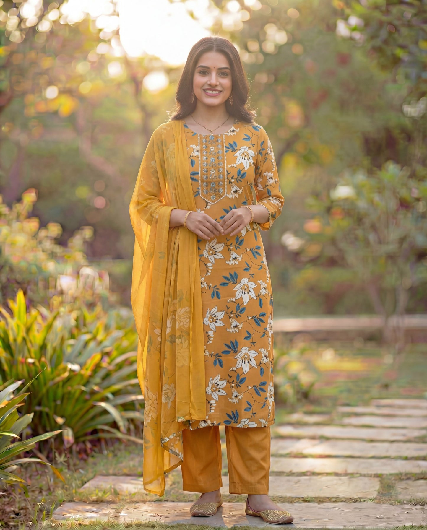 Mustard Viscose Rayon Kurta Set with Floral Print & Embroidered Neck Panel
