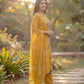 Mustard Viscose Rayon Kurta Set with Floral Print & Embroidered Neck Panel