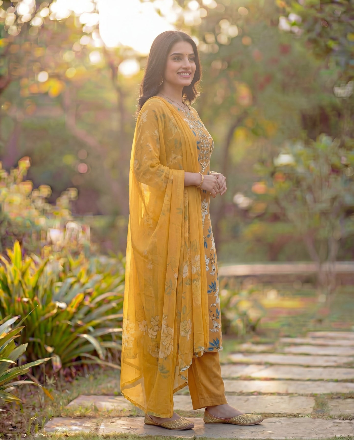 Mustard Viscose Rayon Kurta Set with Floral Print & Embroidered Neck Panel