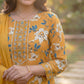 Mustard Viscose Rayon Kurta Set with Floral Print & Embroidered Neck Panel