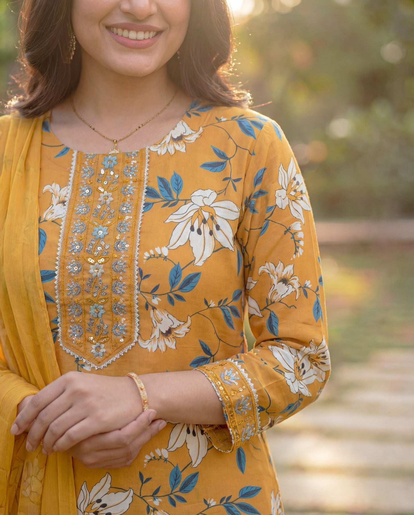 Mustard Viscose Rayon Kurta Set with Floral Print & Embroidered Neck Panel
