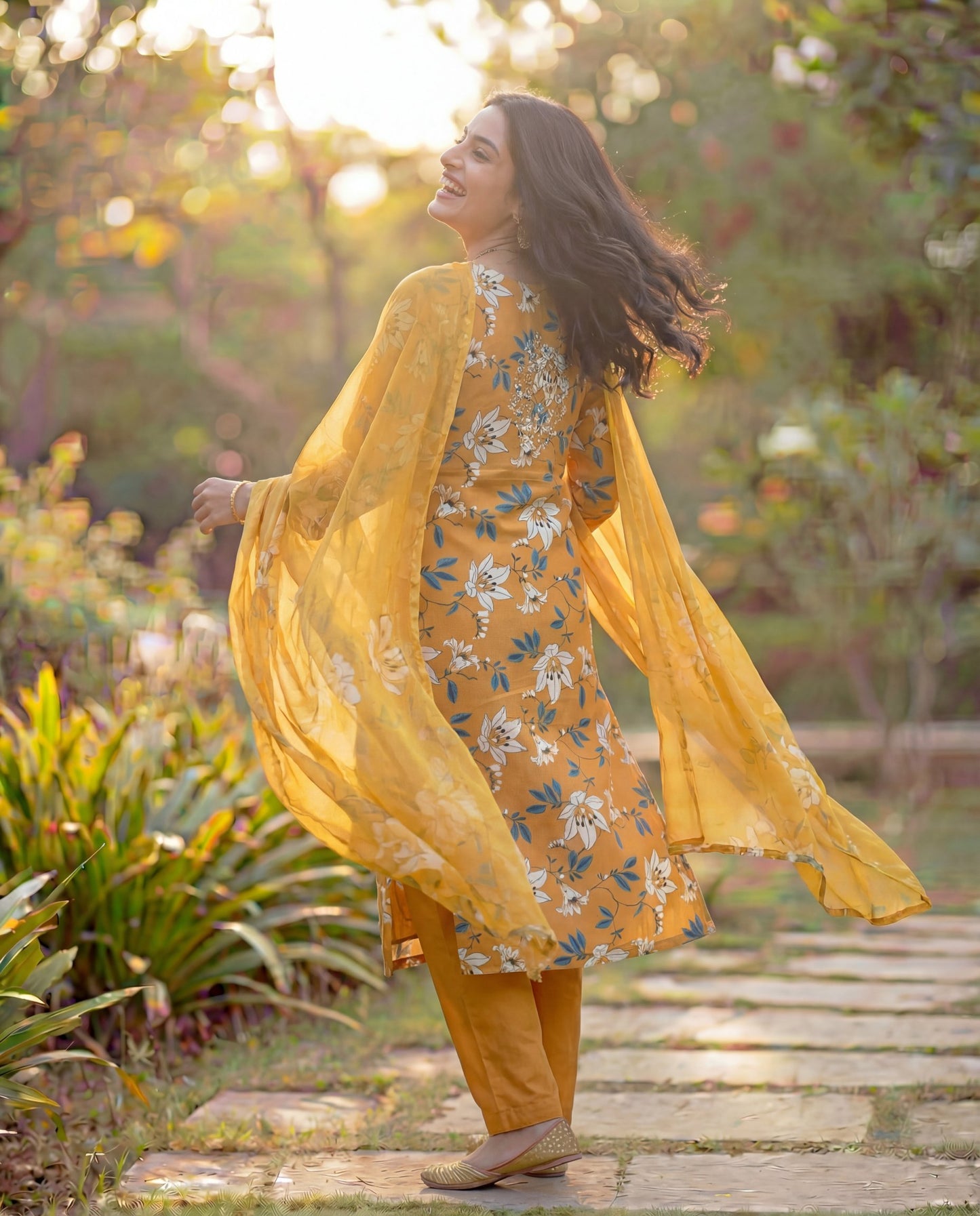 Mustard Viscose Rayon Kurta Set with Floral Print & Embroidered Neck Panel