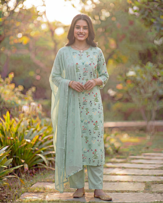 Mint Green Viscose Rayon Kurta Set with Floral Print & Keyhole Neck