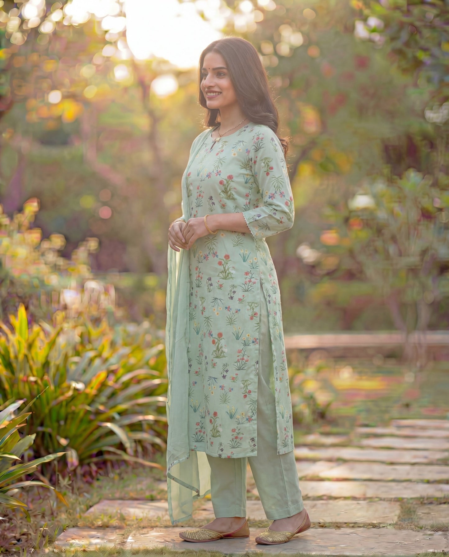 Mint Green Viscose Rayon Kurta Set with Floral Print & Keyhole Neck