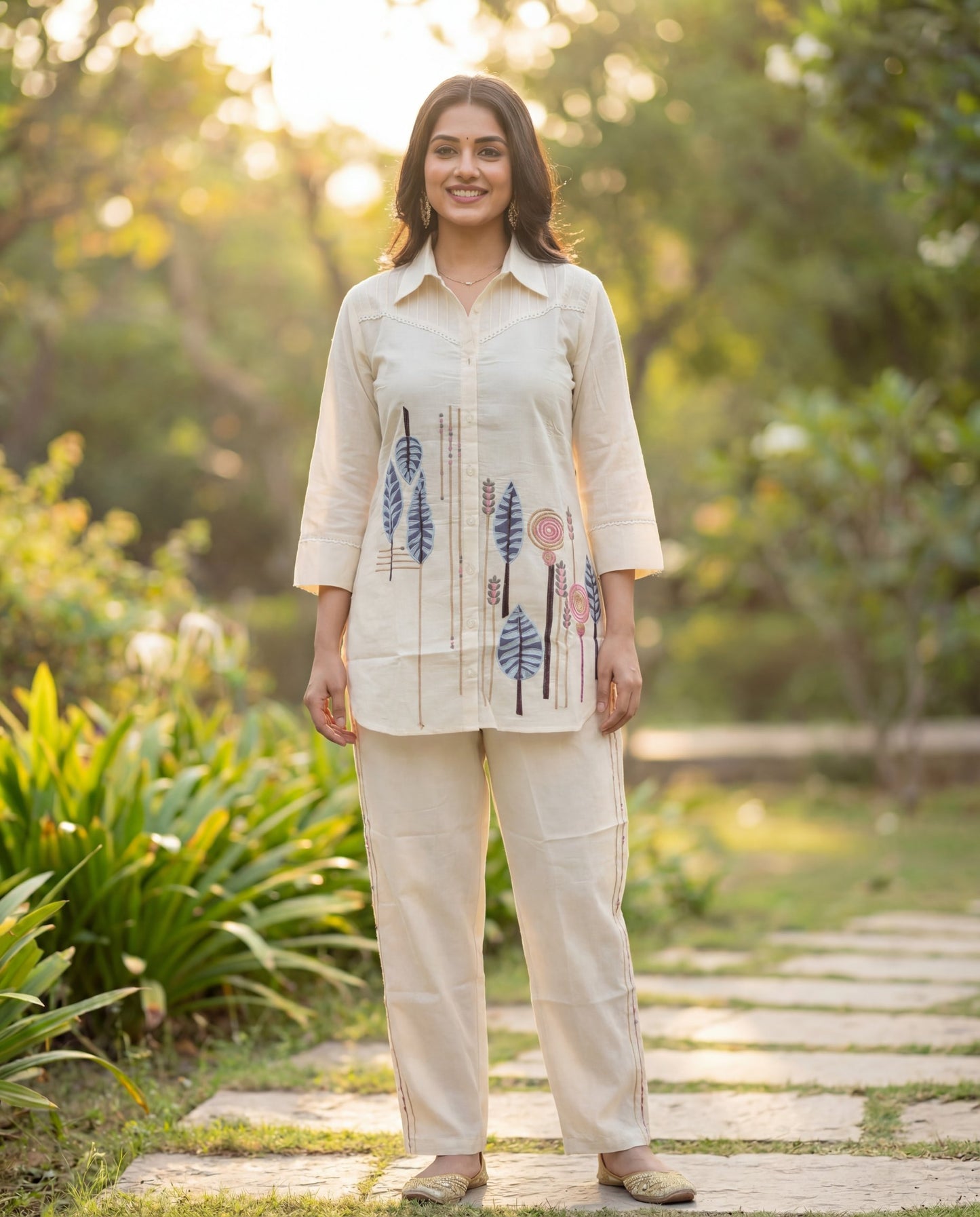 Off-White Pure Cotton Co-Ord Set with Leaf Motif Print