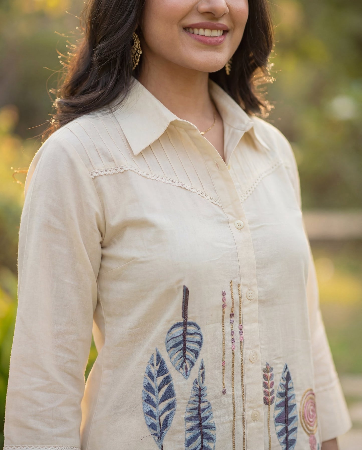 Off-White Pure Cotton Co-Ord Set with Leaf Motif Print