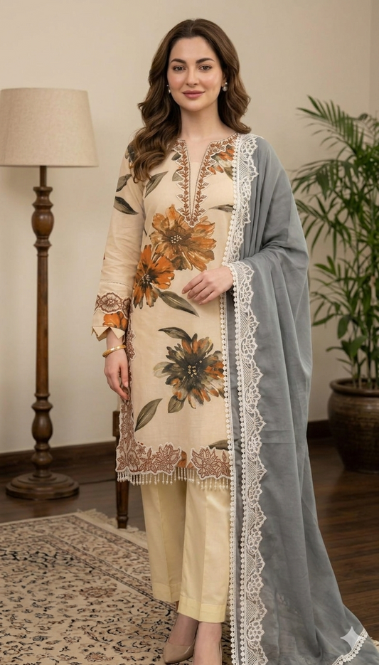 Printed Muslin Pakistani Suit Set with Lace Work Dupatta